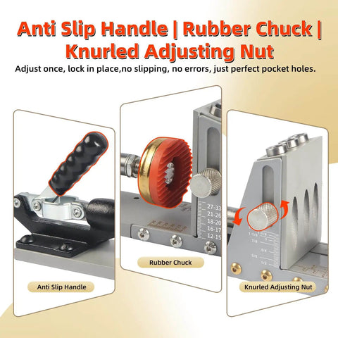 Anti slip handle, rubber chuck, knurled adjusting nut for pocket hole jig kit upgraded with single side operation for quick woodworking, pro grade precision 15 degree drilling, three eighth inch step drill bit, depth stop collar, adjustable thickness, ideal for cabinet making and wood joinery.
