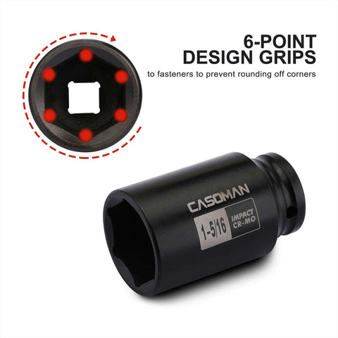 Beefy Half Inch Drive 6-Point Deep Impact Socket 1-5/16 Inch SAE Cr-Mo High Torque For Axle Shaft Nuts Corrosion-Resistant