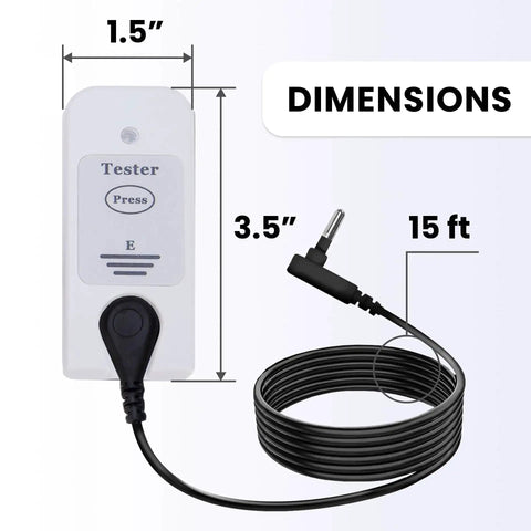 Grounding Mat Starter Kit For Pain Relief Sleep Energy Inflammation And Wellness With Outlet Adapter Outlet Tester shown with dimensions and 15 ft cord
