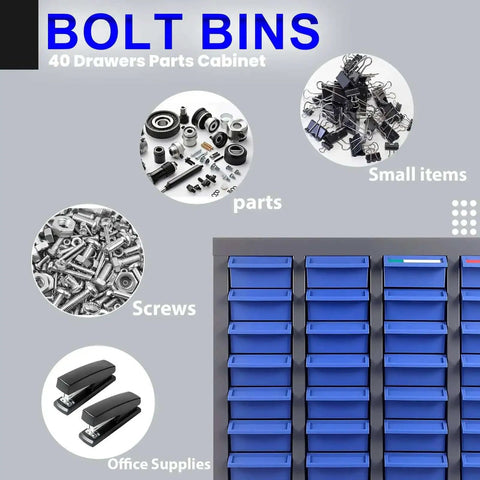 40 Drawers Parts Cabinet With Label Stickers And Bolt Nut Tool Storage shown with parts, screws, small items, and office supplies.