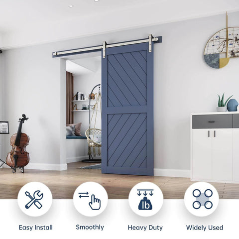 Interior view showing 6 Ft Brushed Nickel Sliding Barn Door Hardware Track Kit with J Pulley on blue door installed in room