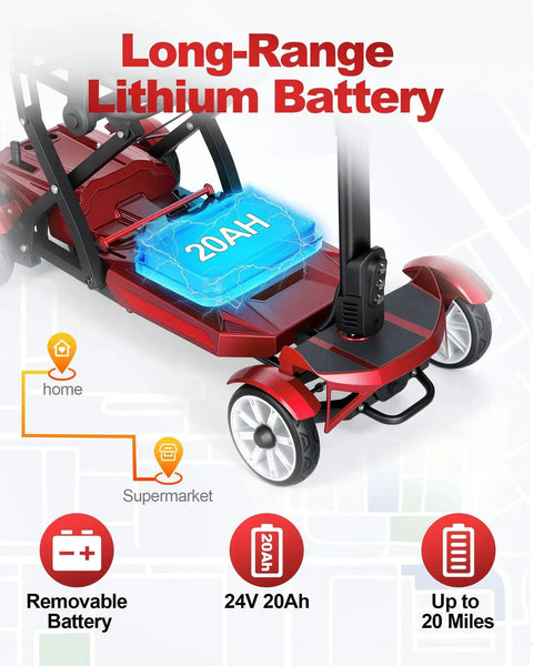 Red four-wheel mobility scooter with removable 20Ah lithium battery and 24V 20Ah label.