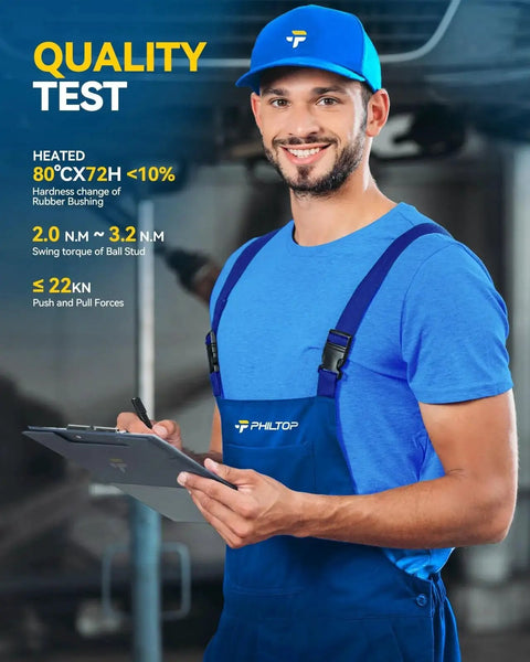 PHILTOP automotive suspension parts quality test scene; mechanic in blue uniform with clipboard