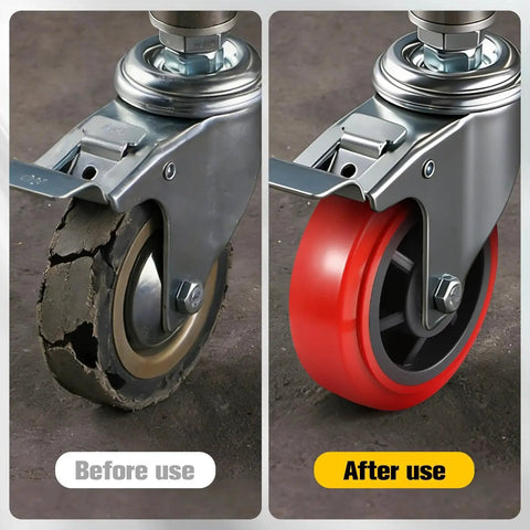 Before and after image of worn and new 6 Inch Polyurethane Caster Wheel Set Of Four Heavy Duty Load Capacity 4000 Lbs for flatbed carts and trolleys.