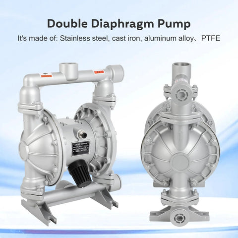 Air-operated double diaphragm pump; front and side views, stainless steel body, black knob, 1/2 in outlet