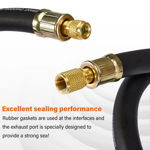 HVAC vacuum hose, 1/2 in diameter, black rubber with brass 3/8 to 1/4 in fittings, 6 ft, Amazon brand