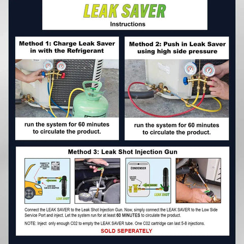 Instructions for using Leak Saver Direct Inject UV Refrigerant Leak Sealer with visual of refrigerant systems and leak detection methods.