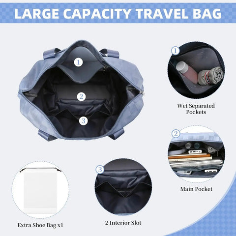 Expandable rolling duffle with four wheels and shoe bag expands from 28L to 58L, interior pockets and sections detailed