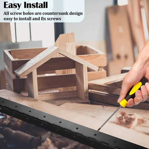 Heavy Duty 36 Inch Piano Hinges 0.047 Inch Thick Stainless Steel Black 2 Pack installed on wooden frame with screwdriver