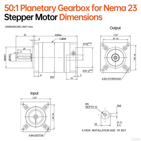 Technical drawing of Beefy 50 To 1 Planetary Gearbox For Nema 23 Stepper, showing dimensions for input and output shafts.