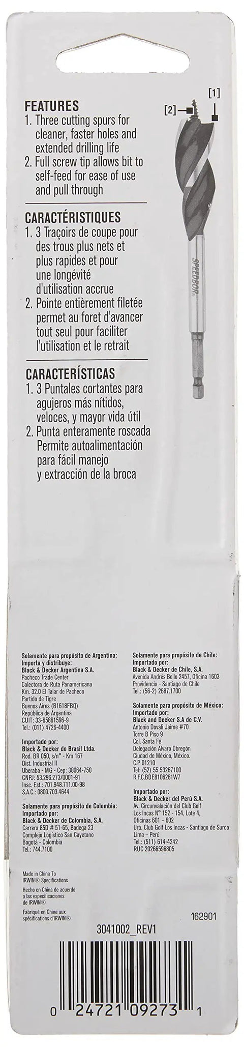 Back view of packaging for Tri Flute Five Eighths Inch By 6 Inch Wood Drill Bit Self Feeding Spade Bit with product features listed.
