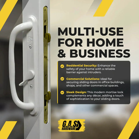 Close-up of 12.5 Inch Dual Point Double Hook Sliding Glass Door Mortise Lock With 3/8 Inch Recessed Plate And 12 Inch Hole Spacing In Alloy Steel installed on door for enhanced security.