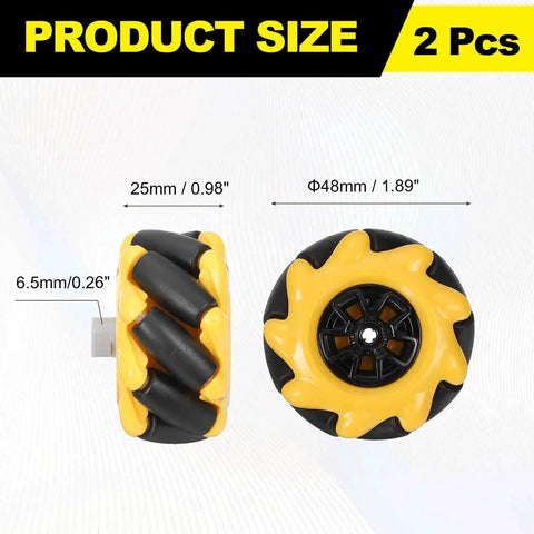 2Pack Mecanum Wheel Set For Smart Robot Cars And DIY Projects, showing yellow 48mm omnidirectional wheels with product dimensions