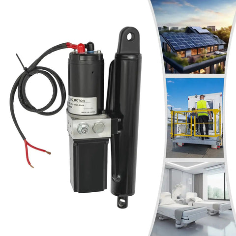 Front view: 12V heavy-duty hydraulic linear actuator with electric motor and mounting bracket, black finish