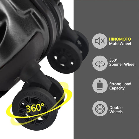 Close-up of wheels on lightweight 16 inch carry on luggage with dual laptop compartments for on the go business travel black TydeCkare.