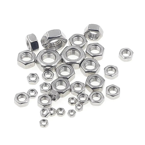 Assorted 570 Piece Metric Hex Nut Set M1 To M10, 304 Stainless Steel, Coarse Thread for DIY projects and automotive maintenance.