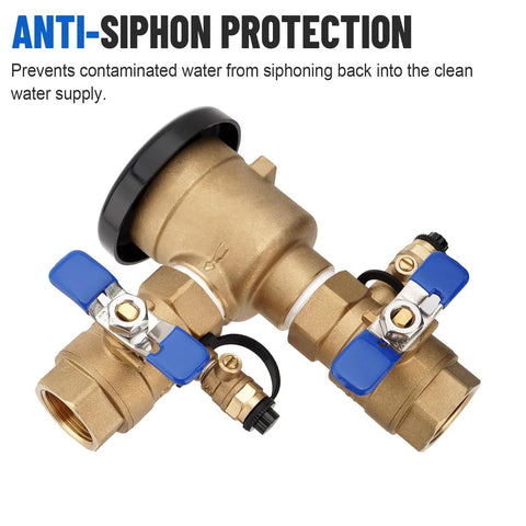 SparkWhiz 3/4 in brass pressure vacuum breaker backflow preventer with blue-handled shut-off valves.