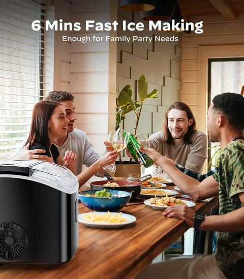 Countertop Nugget Ice Maker With Self Cleaning Function Fast 33 Lbs Per Day on a table during a party with food and drinks