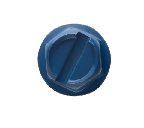 Top view of a blue-headed fastener from the Heavy Duty Concrete Screw Anchor Kit With Drill Bit For Masonry Brick Or Block 3/16 X 1-1/4 Inches Self-Tapping Diamond Point Slotted Hex Head Drives Easy With A Nut Driver 100 Per Box CONFAST.