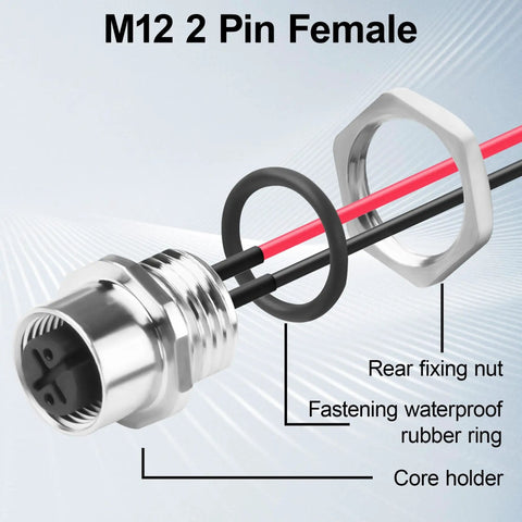 M12 2 Pin Female Connector Cable A-Coded IP67 Waterproof with fixing nut and rubber ring for PCB Board 12 Cm Length 2 Pack