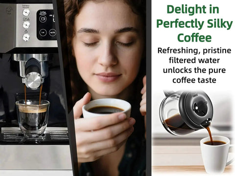 Three-panel collage showing an espresso machine brewing into a glass cup, a woman sipping coffee, and a promotional coffee graphic.
