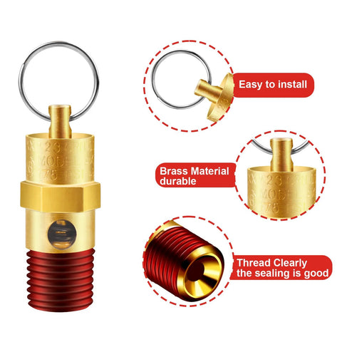 Brass 1/4 inch NPT air compressor pressure relief valve, 175 PSI, with ring attachment