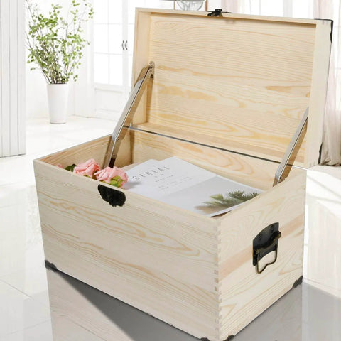 Wooden chest with heavy duty lid hinge with soft close gas strut for 30 to 60 pound lids 200N gas spring satin nickel finish