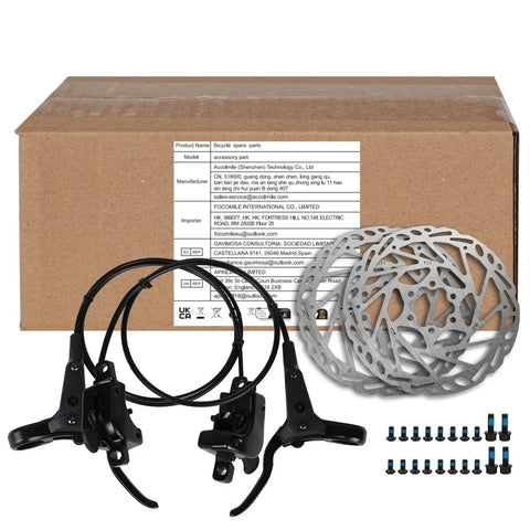 Bike hydraulic brake set for front/rear, 2-piston calipers, 160mm rotors, aluminum levers and mounting kit for MTB