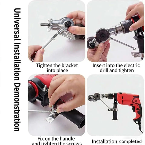 Universal installation steps for Drill Nibbler Sheet Metal Cutter Attachment on an electric drill for DIY projects and home repairs.