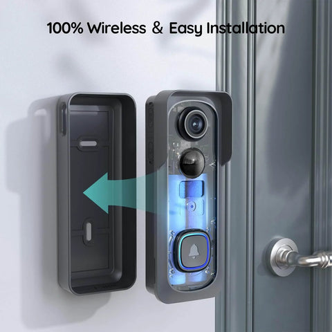 Wireless Video Doorbell With No Subscription Fees, 2K HD Live View, Wide 166 Degree Field Of View, HDR Night Vision, motion alerts, two way audio, battery powered doorbell with chime and 2.4 GHz WiFi