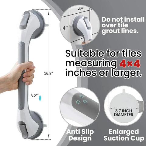 Two Pack Suction Grab Bars For Shower And Bath Removable Heavy Duty Waterproof shown with dimensions and installation details