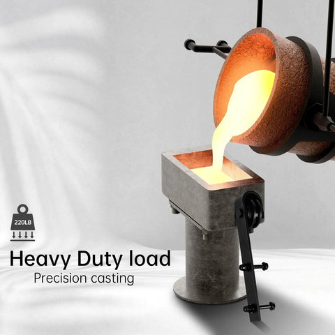 Metal casting process with molten metal pouring into a mold, heavy duty load indication, precision casting equipment shown.