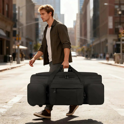 Man carrying Ultra Large 120L Rolling Duffle Bag With Wheels for Travel and Outdoor Adventures in urban setting.