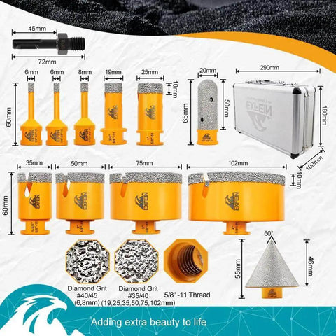 Ultimate Diamond Tile Hole Saw Kit 12 Piece Set with diamond core drill bits, detailed sizes, and SDS adapter by EXFEIN.