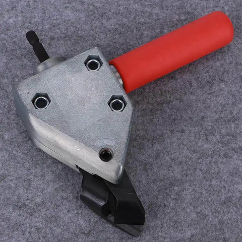 Metal Sheet Cutter Head For Electric Drill Universal Cutter Head with red handle and hex shank, shown on gray background
