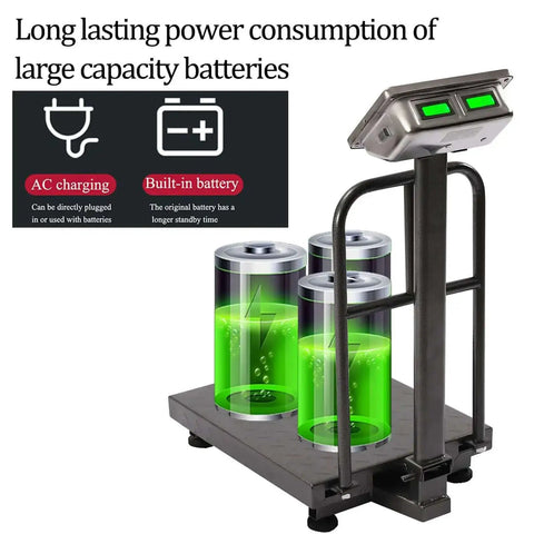 Workhorse 660Lb Platform Scale With Removable Guardrail Foldable Dual Sided Digital Display battery feature details.