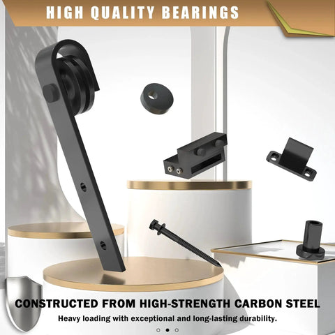 6.6 Foot Sliding Barn Door Hardware Kit With Upgraded Two Point Screw Fixation Modular Track Heavy Duty For Single Door 36 To 40 Inches Wide Smooth Quiet Sliding And Easy To Install, featuring black carbon steel components showcasing high-quality bearings.