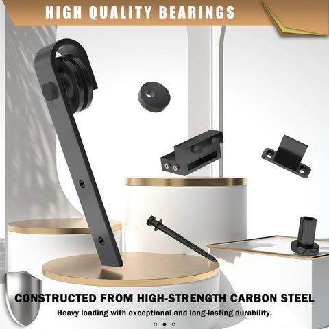 Illustration of 8 Foot Sliding Barn Door Hardware Kit components, showcasing high-strength carbon steel and bearings.