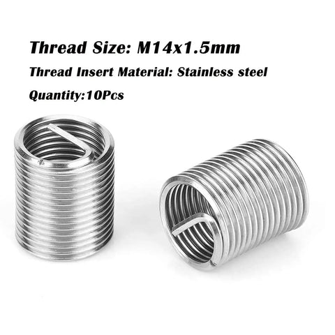 Close-up of two stainless steel helicoil inserts from the 15 Piece M14x1.5 Thread Repair Kit With Helicoil Inserts, HSS Drill Bits And Taps For Auto Repair And Motorcycle Maintenance, Gearhead Approved Durable Steel Set For Easy Thread Restoration And Quick Vehicle Fixes.