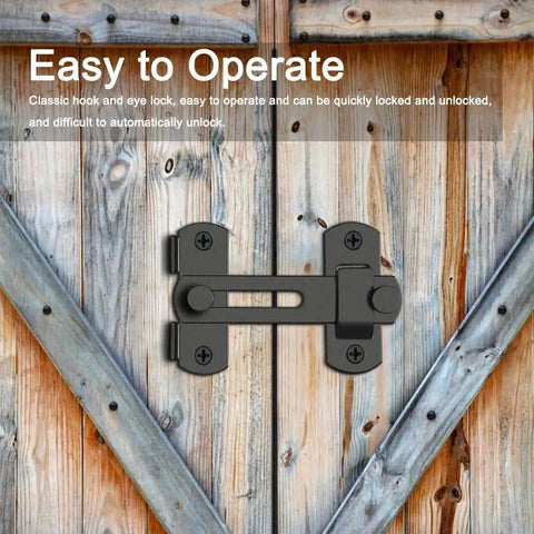 Two Pack Barn Door Lock Set With 180 Degree Flip Sliding Latches installed on wooden barn door, black finish