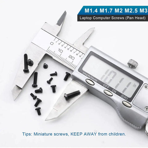 650 Piece Laptop Screw Kit For Replacement And Repair With Miniature Screws Displayed with Caliper M1.4 to M3 Sizes
