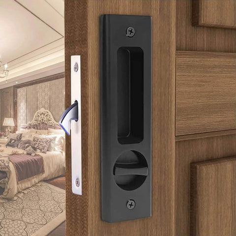 6.3 Inch Privacy Pocket Door Lock Hardware With Key For Double Barn Doors Matte Black Zinc Alloy Construction Silent Lock Body Anti Rust Finish Built To Last And No Fuss To Install on wooden door in bedroom