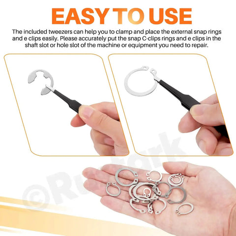 303 pcs 304 Stainless Steel E Clip And C Clip Retaining Rings Kit with tweezers shown being used for tools and machinery repairs.