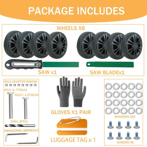 Luggage Wheel Replacement Kit For Suitcases And Travel Bags With 2.11 Inch Double Swivel Wheels including tools and accessories