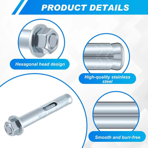Close-up of zinc-plated hex head, sleeve anchor details, ideal for 20 Pack 1/2 X 3-Inch Sleeve Anchors For Concrete, Masonry And Brick.