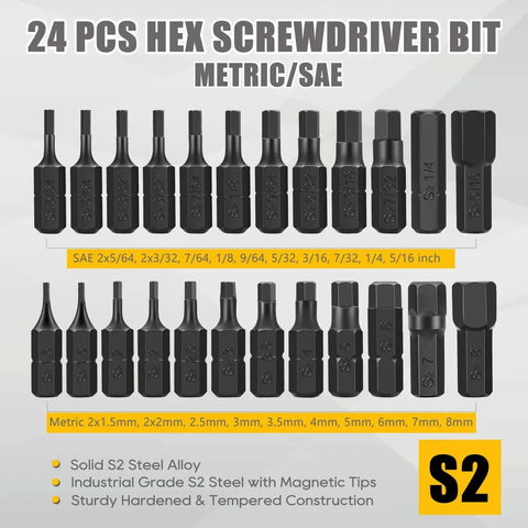 24 PCS Hex Screwdriver Bit Set with S2 Steel for Metric and SAE use