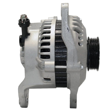 Side view of a remanufactured alternator with high-temp bearings and sealed seals for low noise, suitable for modern vehicle engines.