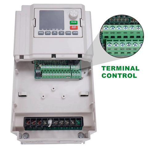 Front view of LAPOND 2.2kW VFD inverter with display panel; internal green terminal block visible.