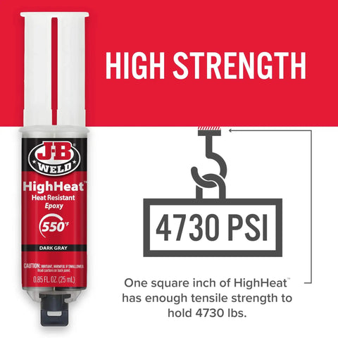 High Heat Epoxy Syringe Kit for Metal and Plastic Repairs shown with 4730 PSI strength label