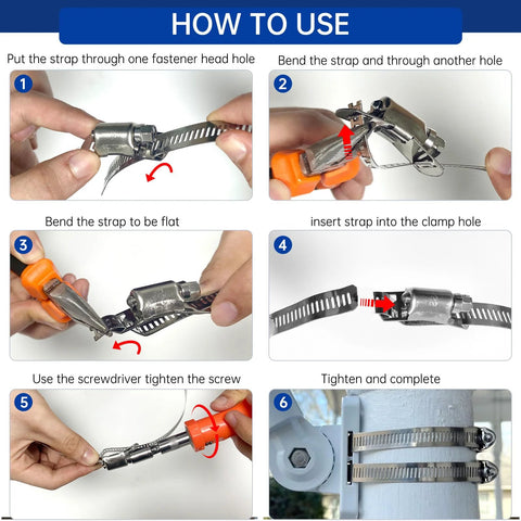 Fixirons stainless steel hose clamp kit with metal strap and worm gear clamps; installation steps collage